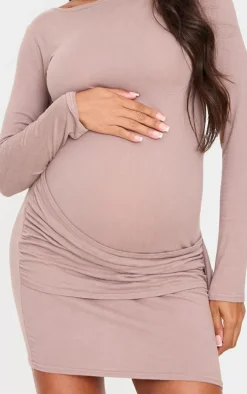 Maternity Mocha Brushed Tie Front Mini Dress
