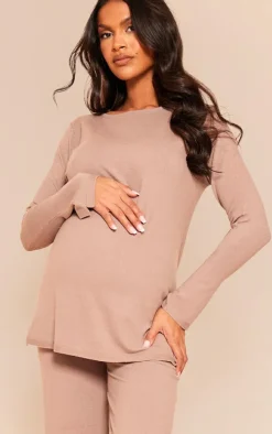 Maternity Mocha Knitted Crew Neck Sweatshirt