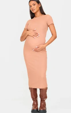 Maternity Mocha Rib Crew Neck Midi Dress