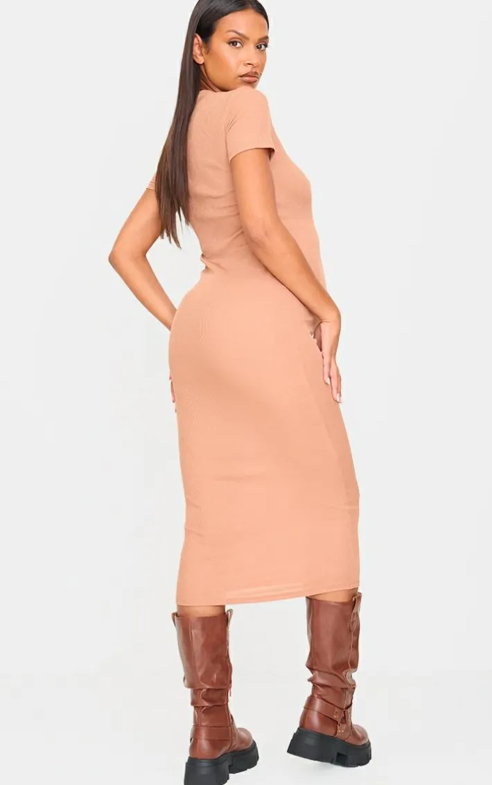Maternity Mocha Rib Crew Neck Midi Dress