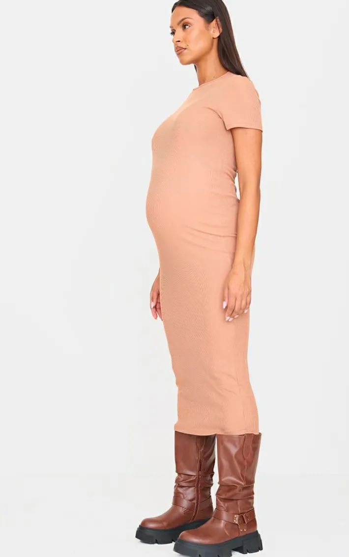 Maternity Mocha Rib Crew Neck Midi Dress