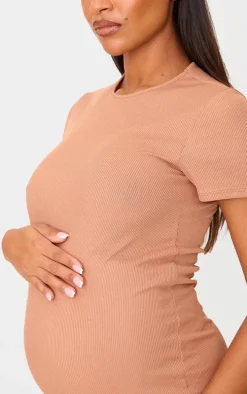 Maternity Mocha Rib Crew Neck Midi Dress