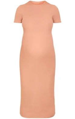 Maternity Mocha Rib Crew Neck Midi Dress