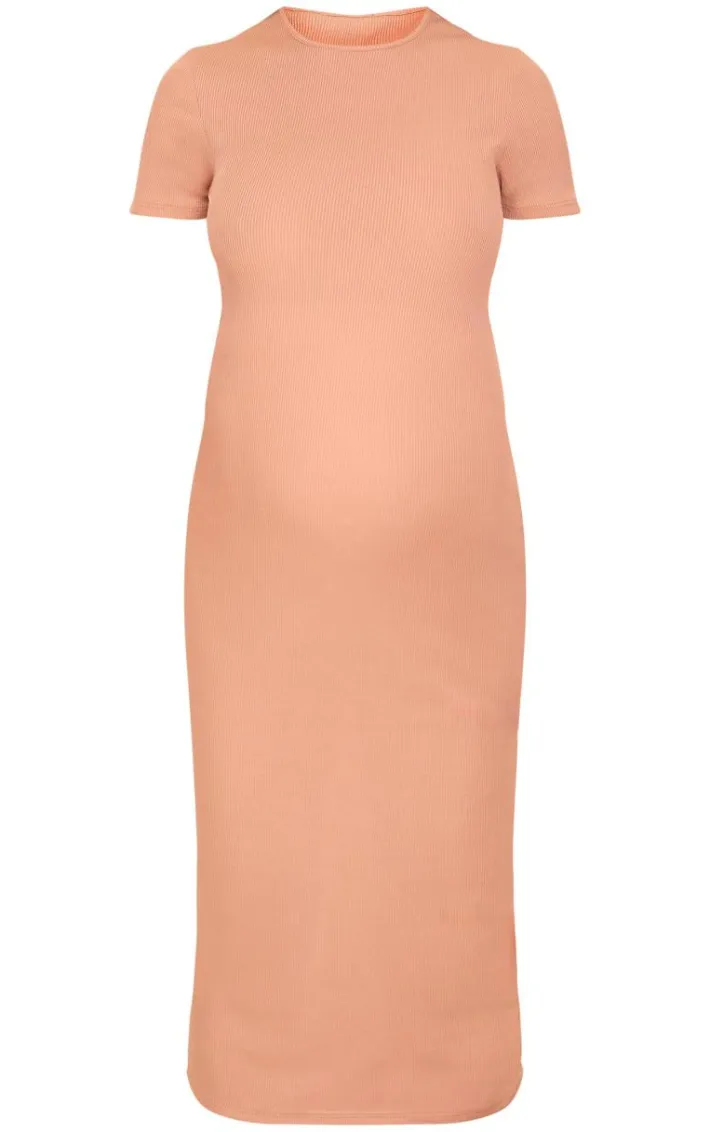 Maternity Mocha Rib Crew Neck Midi Dress