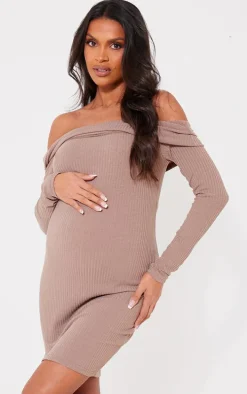 Maternity Mocha Rib Off The Shoulder Mini Dress