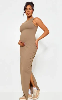 Maternity Mocha Snatched Sculpt Racer Bodycon Maxi Dress