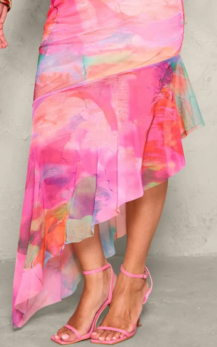 Maternity Multi Abstract Print Asymmetric Frill Hem Bandeau Midaxi Dress