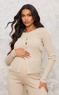 Maternity Oatmeal Button Up Long Sleeve Rib Knit Top