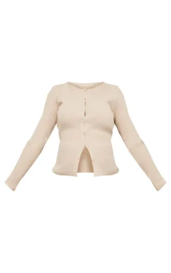 Maternity Oatmeal Button Up Long Sleeve Rib Knit Top