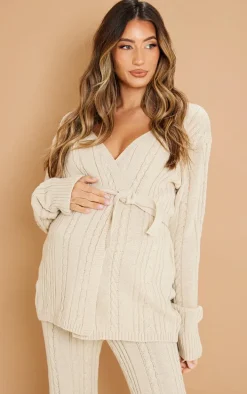 Maternity Oatmeal Cable Knit Wrap Cardigan