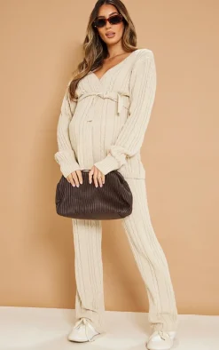 Maternity Oatmeal Cable Knit Wrap Cardigan