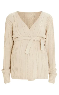 Maternity Oatmeal Cable Knit Wrap Cardigan