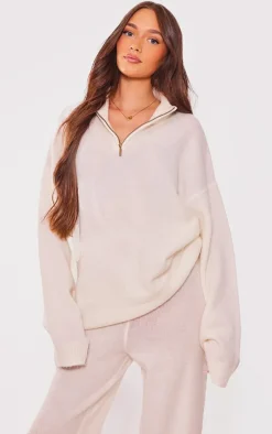 Maternity Oatmeal Knitted Slouchy Half Zip Sweater