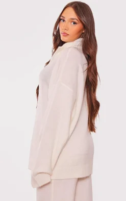 Maternity Oatmeal Knitted Slouchy Half Zip Sweater