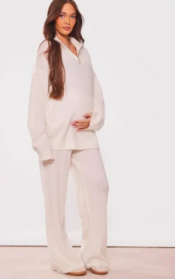 Maternity Oatmeal Knitted Slouchy Half Zip Sweater