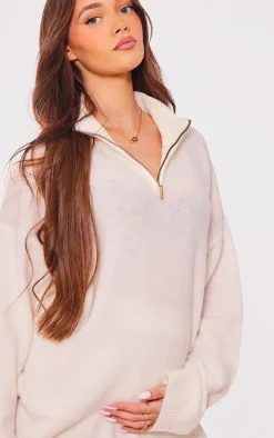 Maternity Oatmeal Knitted Slouchy Half Zip Sweater