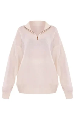 Maternity Oatmeal Knitted Slouchy Half Zip Sweater