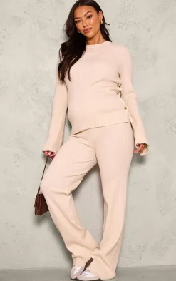 Maternity Oatmeal Rib Knit Wide Leg Pants