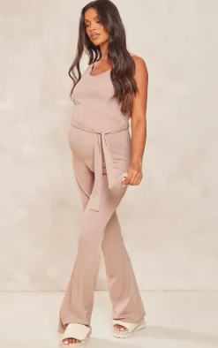 Maternity Oatmeal Ribbed Tie Waist Jumpsuit