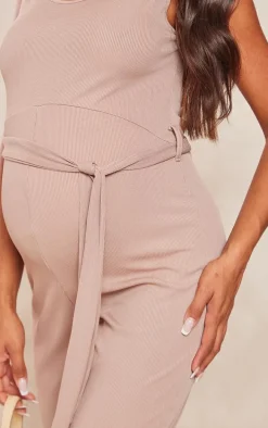 Maternity Oatmeal Ribbed Tie Waist Jumpsuit