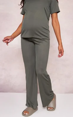 Maternity Olive Rib Wide Leg Flared Pants