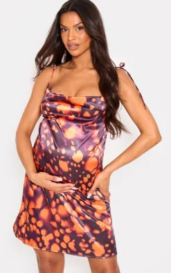 Maternity Orange Multi Printed Cowl Neck Mini Dress