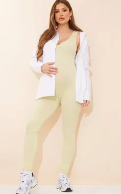 Maternity Pale Green Snatched Rib Seam Detail Jumpsuit