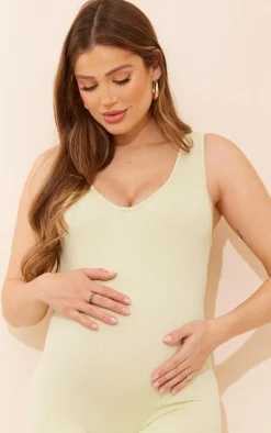 Maternity Pale Green Snatched Rib Seam Detail Jumpsuit