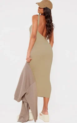 Maternity Pale Khaki Snatched Rib Scoop Neck Bodycon Maxi Dress