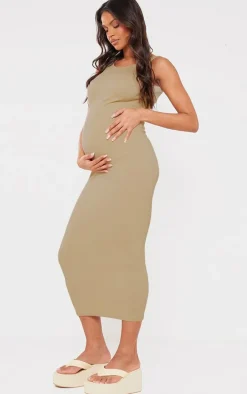 Maternity Pale Khaki Snatched Rib Scoop Neck Bodycon Maxi Dress