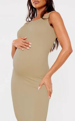Maternity Pale Khaki Snatched Rib Scoop Neck Bodycon Maxi Dress