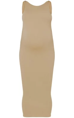 Maternity Pale Khaki Snatched Rib Scoop Neck Bodycon Maxi Dress
