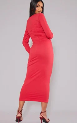Maternity Red Stretch Seamless Long Sleeve Midaxi Dress