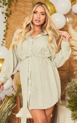 Maternity Sage Green Checked Oversized Tie Waist Shirt Dress