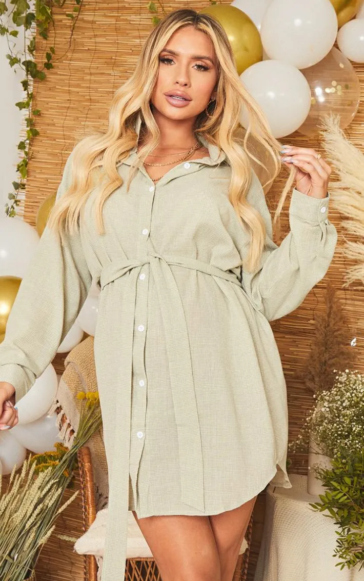 Maternity Sage Green Checked Oversized Tie Waist Shirt Dress