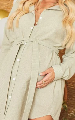 Maternity Sage Green Checked Oversized Tie Waist Shirt Dress