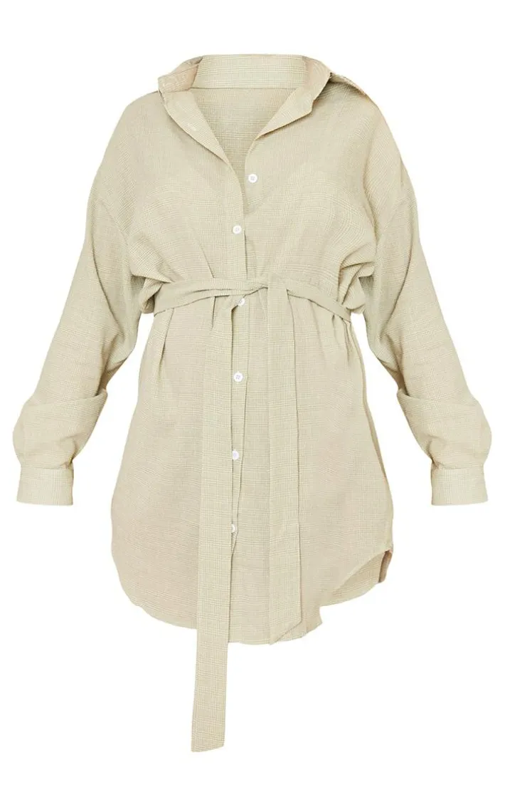 Maternity Sage Green Checked Oversized Tie Waist Shirt Dress
