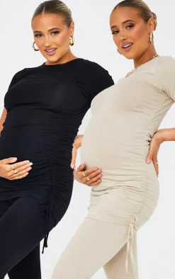 Maternity Stone and Black Two Pack Ruched Seam T Shirt