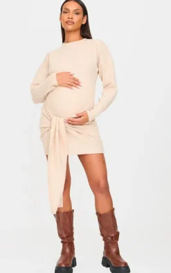 Maternity Stone Brushed Waffle Tie Front Mini Dress