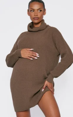 Maternity Taupe Oversized High Neck Sweater Dress