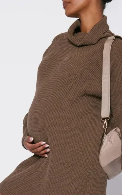 Maternity Taupe Oversized High Neck Sweater Dress