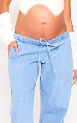 Maternity Washed Blue Under Bump Drawstring Straight Leg Jeans