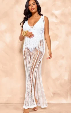 Maternity White Open Crochet Knit V Neck Maxi Dress