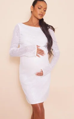 Maternity White Sequin Detail Open Back Mini Dress