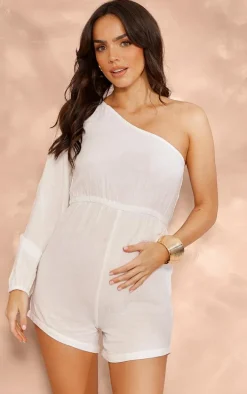 Maternity White Shirred Cheesecloth One Shoulder Romper