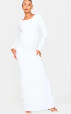 Maternity White Slinky Long Sleeve Open Back Maxi Dress