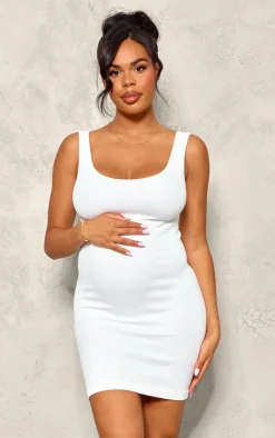 Maternity White Strappy Snatched Rib Mini Dress