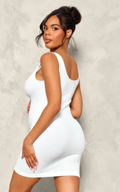 Maternity White Strappy Snatched Rib Mini Dress
