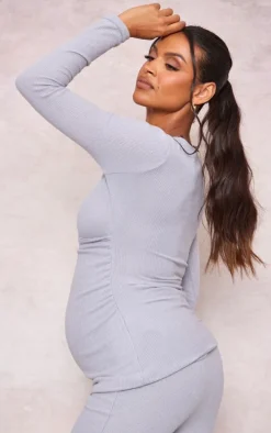 Maternity Grey Brushed Rib Ruched Top