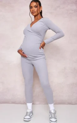 Maternity Grey Brushed Rib Ruched Top